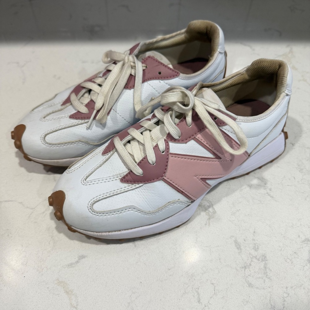 New Balance 327 Golf Shoes Womens White Pink Leather Spikeless Golf Sneakers